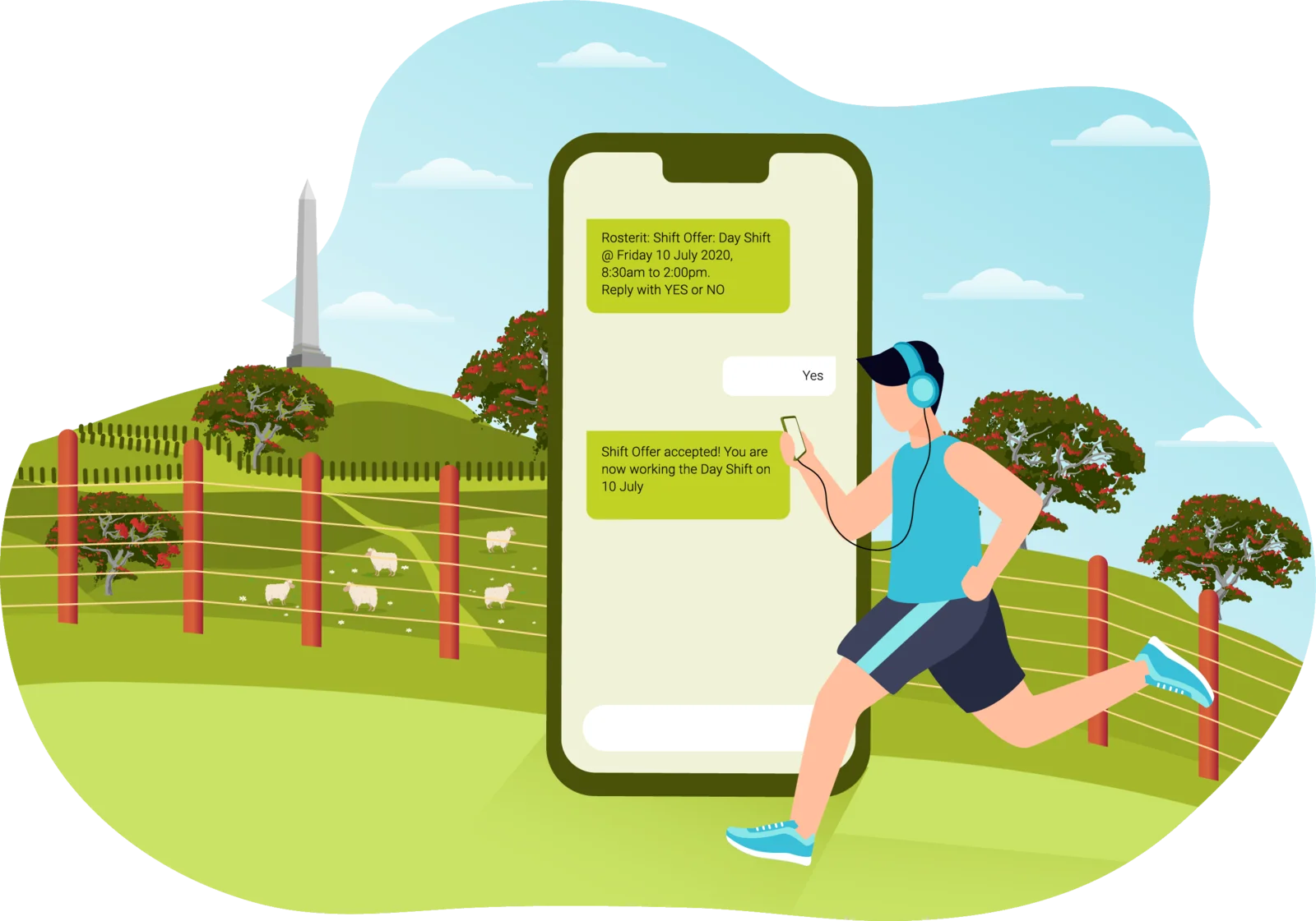 Illustration of a runner at One Tree Hill accepting a shift offer by text message